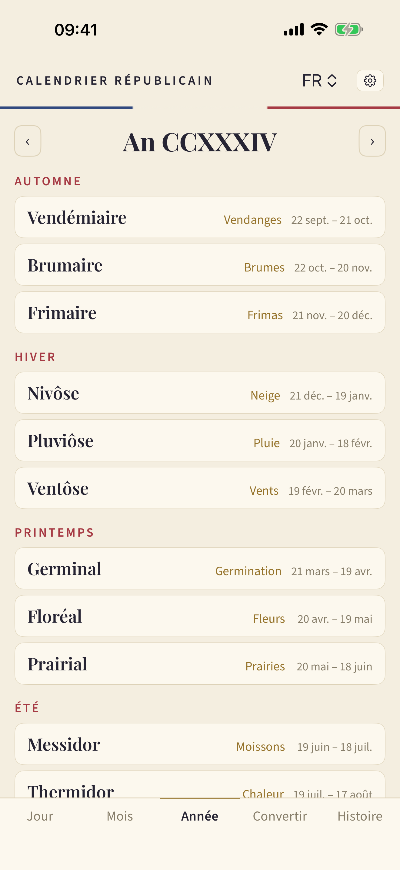 The twelve Republican months by season in Vendémiaire.
